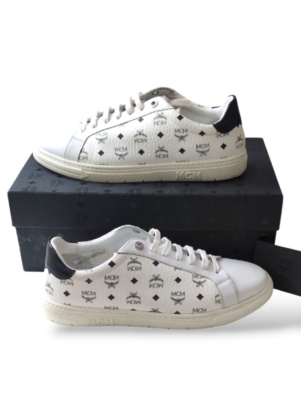 MCM Terrain Monogram Derby White Black Lace Up Leather Sneaker EU 42/US 9 In Box